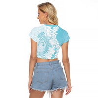 Polynesian Turquoise Plumeria Lei Raglan Cropped T Shirt with Hammerhead Shark LT7 - Polynesian Pride