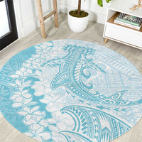 Polynesian Turquoise Plumeria Lei Round Carpet with Hammerhead Shark
