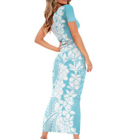 Polynesian Turquoise Plumeria Lei Short Sleeve Bodycon Dress with Hammerhead Shark
