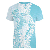 Polynesian Turquoise Plumeria Lei Women V-Neck T-Shirt with Hammerhead Shark LT7 - Polynesian Pride