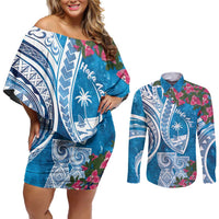 Hafa Adai Guam Couples Matching Off Shoulder Short Dress and Long Sleeve Button Shirt Crystal Waves