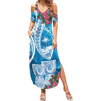 Hafa Adai Guam Summer Maxi Dress Crystal Waves LT7 Women Blue - Polynesian Pride
