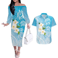 Personalized Guam Chamorro Couples Matching Off The Shoulder Long Sleeve Dress and Hawaiian Shirt Turtles and Guasali Flowers