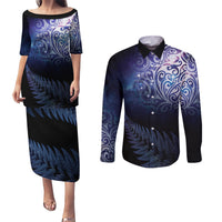 New Zealand Aotearoa Matariki Couples Matching Puletasi and Long Sleeve Button Shirt Starry Silver Fern LT7 Galaxy - Polynesian Pride