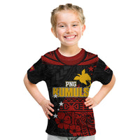 Personalised PNG Kumuls Rugby Kid T Shirt Motuan Mix Patterns LT7 Black - Polynesian Pride
