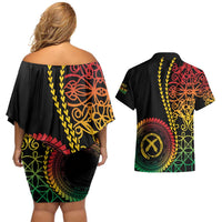 Proudly Ni-Van Sandroing Inspired Classic Style Couples Matching Off Shoulder Short Dress and Hawaiian Shirt LT7 - Polynesian Pride