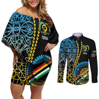 Proudly Ni-Van Sandroing Inspired Couples Matching Off Shoulder Short Dress and Long Sleeve Button Shirt Torba Classic Style LT7 Colorful - Polynesian Pride