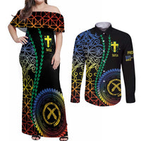 Proudly Ni-Van Sandroing Inspired Couples Matching Off Shoulder Maxi Dress and Long Sleeve Button Shirt Tafea Classic Style LT7 Colorful - Polynesian Pride