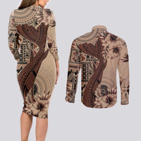 Bula Fiji Couples Matching Long Sleeve Bodycon Dress and Long Sleeve Button Shirt Shark Tail Beige Masi Tapa