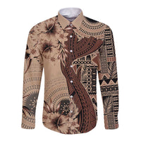 Bula Fiji Long Sleeve Button Shirt Shark Tail Beige Masi Tapa LT7 Unisex Beige - Polynesian Pride