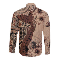Bula Fiji Long Sleeve Button Shirt Shark Tail Beige Masi Tapa LT7 - Polynesian Pride