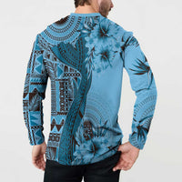 Bula Fiji Button Sweatshirt Shark Tail Turquoise Masi Tapa