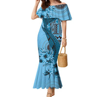 Bula Fiji Family Matching Mermaid Dress and Hawaiian Shirt Shark Tail Turquoise Masi Tapa