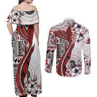 Bula Fiji Couples Matching Off Shoulder Maxi Dress and Long Sleeve Button Shirt Shark Tail White Masi Tapa