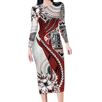 Bula Fiji Long Sleeve Bodycon Dress Shark Tail White Masi Tapa