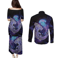 Polynesian Aumakua Couples Matching Puletasi and Long Sleeve Button Shirt Jellyfish with Shark LT7 - Polynesian Pride
