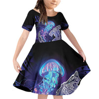 Polynesian Aumakua Family Matching Off Shoulder Short Dress and Hawaiian Shirt Jellyfish with Shark - Polynesian Pride