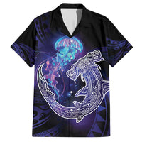 Polynesian Aumakua Family Matching Puletasi and Hawaiian Shirt Jellyfish with Shark LT7 Dad's Shirt - Short Sleeve Teal Purple - Polynesian Pride