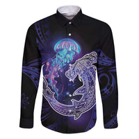 Polynesian Aumakua Family Matching Puletasi and Hawaiian Shirt Jellyfish with Shark LT7 Dad's Shirt - Long Sleeve Teal Purple - Polynesian Pride
