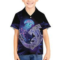 Polynesian Aumakua Family Matching Puletasi and Hawaiian Shirt Jellyfish with Shark LT7 Son's Shirt Teal Purple - Polynesian Pride