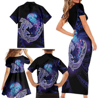 Polynesian Aumakua Family Matching Short Sleeve Bodycon Dress and Hawaiian Shirt Jellyfish with Shark - Polynesian Pride