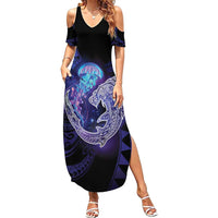 Polynesian Aumakua Family Matching Summer Maxi Dress and Hawaiian Shirt Jellyfish with Shark - Polynesian Pride