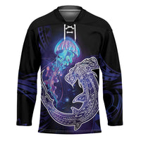 Polynesian Aumakua Hockey Jersey Jellyfish with Shark LT7 Unisex Teal Purple - Polynesian Pride