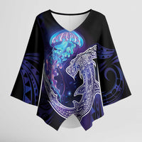 Polynesian Aumakua Kimono Sleeve Blouse Jellyfish with Shark LT7 Female Teal Purple - Polynesian Pride