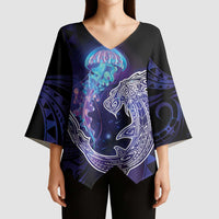 Polynesian Aumakua Kimono Sleeve Blouse Jellyfish with Shark LT7 - Polynesian Pride