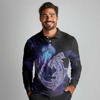 Polynesian Aumakua Long Sleeve Polo Shirt Jellyfish with Shark LT7 - Polynesian Pride