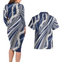 Polynesian Puakeniken Pikake Twisted Lei Couples Matching Long Sleeve Bodycon Dress and Hawaiian Shirt Navy Blue - Polynesian Pride