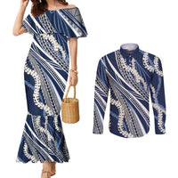 Polynesian Puakeniken Pikake Twisted Lei Couples Matching Mermaid Dress and Long Sleeve Button Shirt Navy Blue - Polynesian Pride