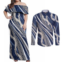 Polynesian Puakeniken Pikake Twisted Lei Couples Matching Off Shoulder Maxi Dress and Long Sleeve Button Shirt Navy Blue LT7 Navy Blue - Polynesian Pride