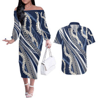 Polynesian Puakeniken Pikake Twisted Lei Couples Matching Off The Shoulder Long Sleeve Dress and Hawaiian Shirt Navy Blue - Polynesian Pride
