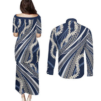 Polynesian Puakeniken Pikake Twisted Lei Couples Matching Puletasi and Long Sleeve Button Shirt Navy Blue LT7 - Polynesian Pride