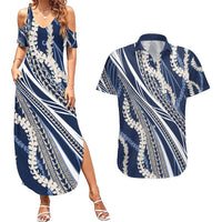 Polynesian Puakeniken Pikake Twisted Lei Couples Matching Summer Maxi Dress and Hawaiian Shirt Navy Blue - Polynesian Pride