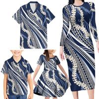 Polynesian Puakeniken Pikake Twisted Lei Family Matching Long Sleeve Bodycon Dress and Hawaiian Shirt Navy Blue - Polynesian Pride