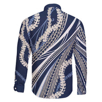 Polynesian Puakeniken Pikake Twisted Lei Family Matching Long Sleeve Bodycon Dress and Hawaiian Shirt Navy Blue - Polynesian Pride