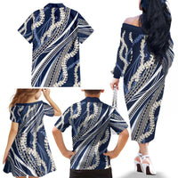 Polynesian Puakeniken Pikake Twisted Lei Family Matching Off The Shoulder Long Sleeve Dress and Hawaiian Shirt Navy Blue - Polynesian Pride