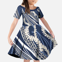 Polynesian Puakeniken Pikake Twisted Lei Family Matching Off Shoulder Maxi Dress and Hawaiian Shirt Navy Blue - Polynesian Pride