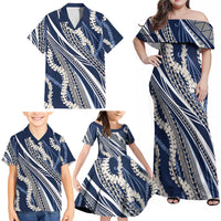 Polynesian Puakeniken Pikake Twisted Lei Family Matching Off Shoulder Maxi Dress and Hawaiian Shirt Navy Blue - Polynesian Pride