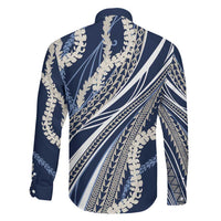 Polynesian Puakeniken Pikake Twisted Lei Family Matching Off Shoulder Maxi Dress and Hawaiian Shirt Navy Blue - Polynesian Pride