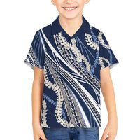 Polynesian Puakeniken Pikake Twisted Lei Family Matching Off Shoulder Maxi Dress and Hawaiian Shirt Navy Blue - Polynesian Pride