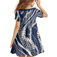 Polynesian Puakeniken Pikake Twisted Lei Family Matching Off Shoulder Short Dress and Hawaiian Shirt Navy Blue - Polynesian Pride