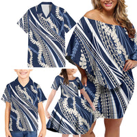 Polynesian Puakeniken Pikake Twisted Lei Family Matching Off Shoulder Short Dress and Hawaiian Shirt Navy Blue - Polynesian Pride