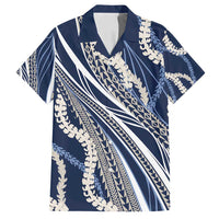 Polynesian Puakeniken Pikake Twisted Lei Family Matching Off Shoulder Short Dress and Hawaiian Shirt Navy Blue - Polynesian Pride
