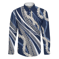 Polynesian Puakeniken Pikake Twisted Lei Family Matching Off Shoulder Short Dress and Hawaiian Shirt Navy Blue - Polynesian Pride