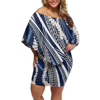 Polynesian Puakeniken Pikake Twisted Lei Family Matching Off Shoulder Short Dress and Hawaiian Shirt Navy Blue - Polynesian Pride