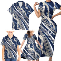 Polynesian Puakeniken Pikake Twisted Lei Family Matching Short Sleeve Bodycon Dress and Hawaiian Shirt Navy Blue - Polynesian Pride