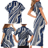 Polynesian Puakeniken Pikake Twisted Lei Family Matching Short Sleeve Bodycon Dress and Hawaiian Shirt Navy Blue - Polynesian Pride